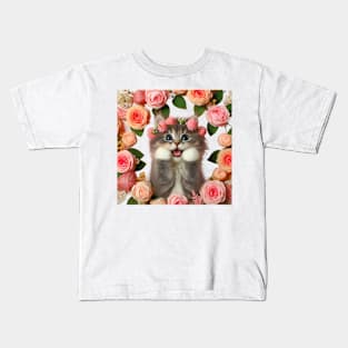 Garden Delight: A Funny and Cute Cat Amidst a Floral Wonderland Kids T-Shirt